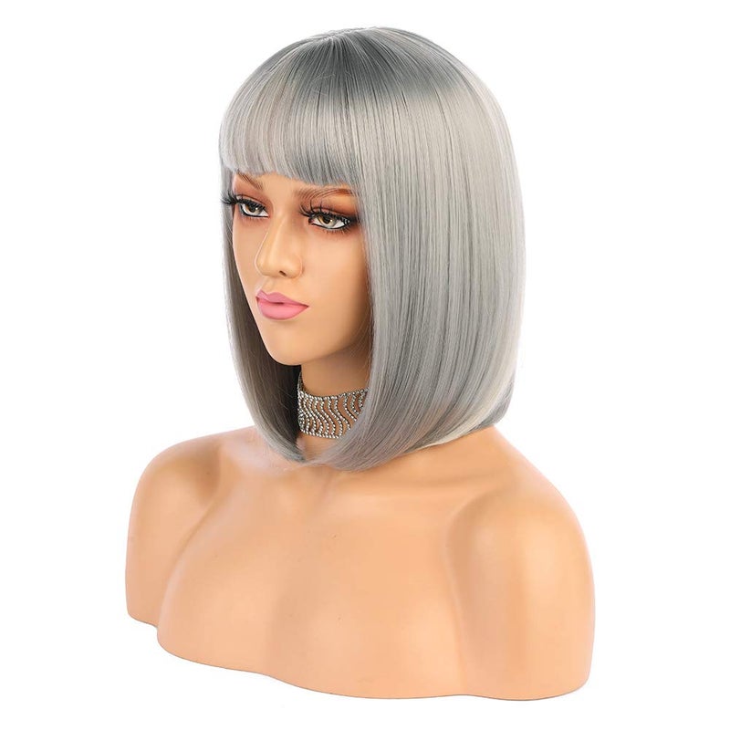 eNilecor Short Bob Hair Wigs 12" Straight with Flat Bangs Synthetic Colorful Cosplay Daily Party Wig for Women Natural As Real Hair+ Free Wig Cap (Silver Grey) - Image 1